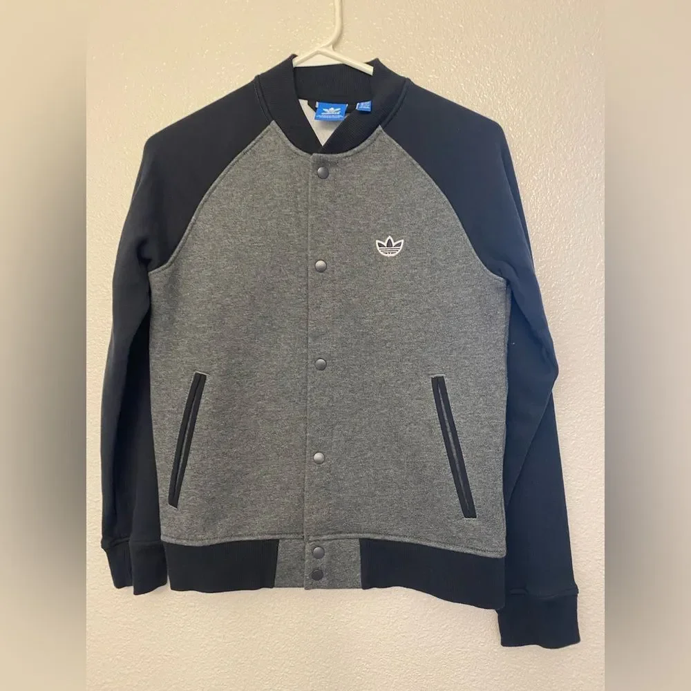 Adidas Originals varsity Letterman jacket grey black snap Trefoil logo L 13-14
